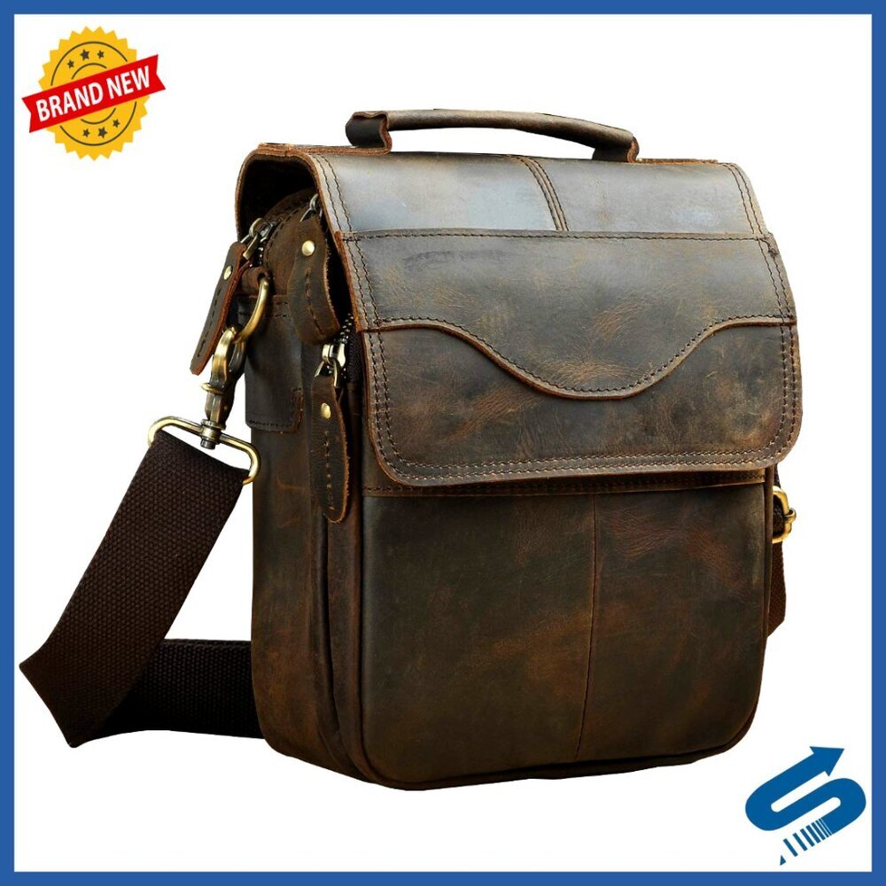 Genuine Leather Messenger Bag with Adjustable Strap, Fits Tablet
